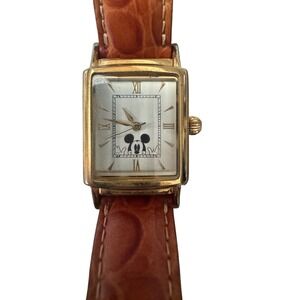 Vintage Disney Time Works Mickey Mouse Rectangular Gold Tone Leather Strap Watch